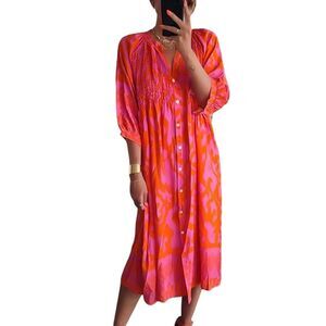 Shirred Vibrant Pink and Orange Midi Dress size Small